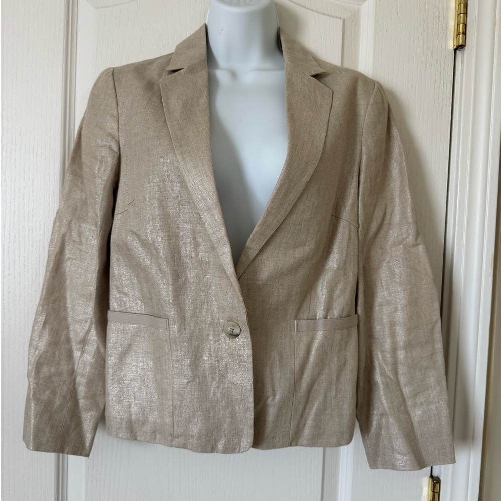 Anthropologie Cartonnier Metallic Linen Blazer Jacket Size 6 Gold Shimmer